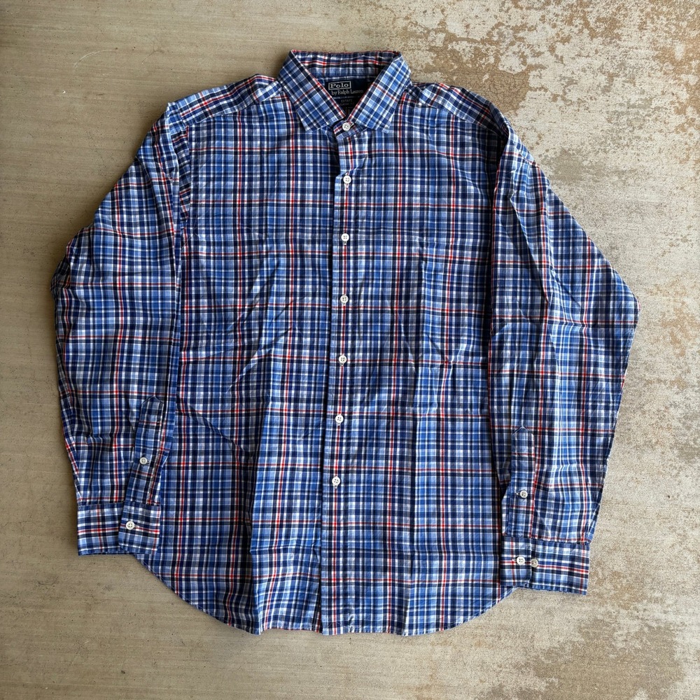 Polo Ralph Lauren Estate Classic Fit Plaid Shirt Mens XL Blue Red VTG 17.5